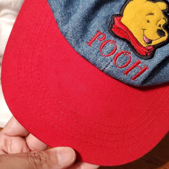 VTG Winnie The Pooh Denim Hat Adult Red Bill Disney POOH Spell Out Y2K 90s Cap - Picture 10 of 10